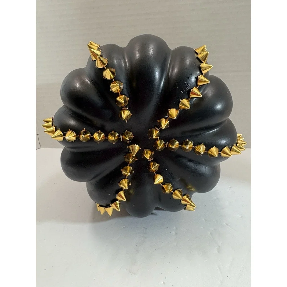 Black plastic Pumpkin with Gold Studded Accents, Halloween Gothic 8 in